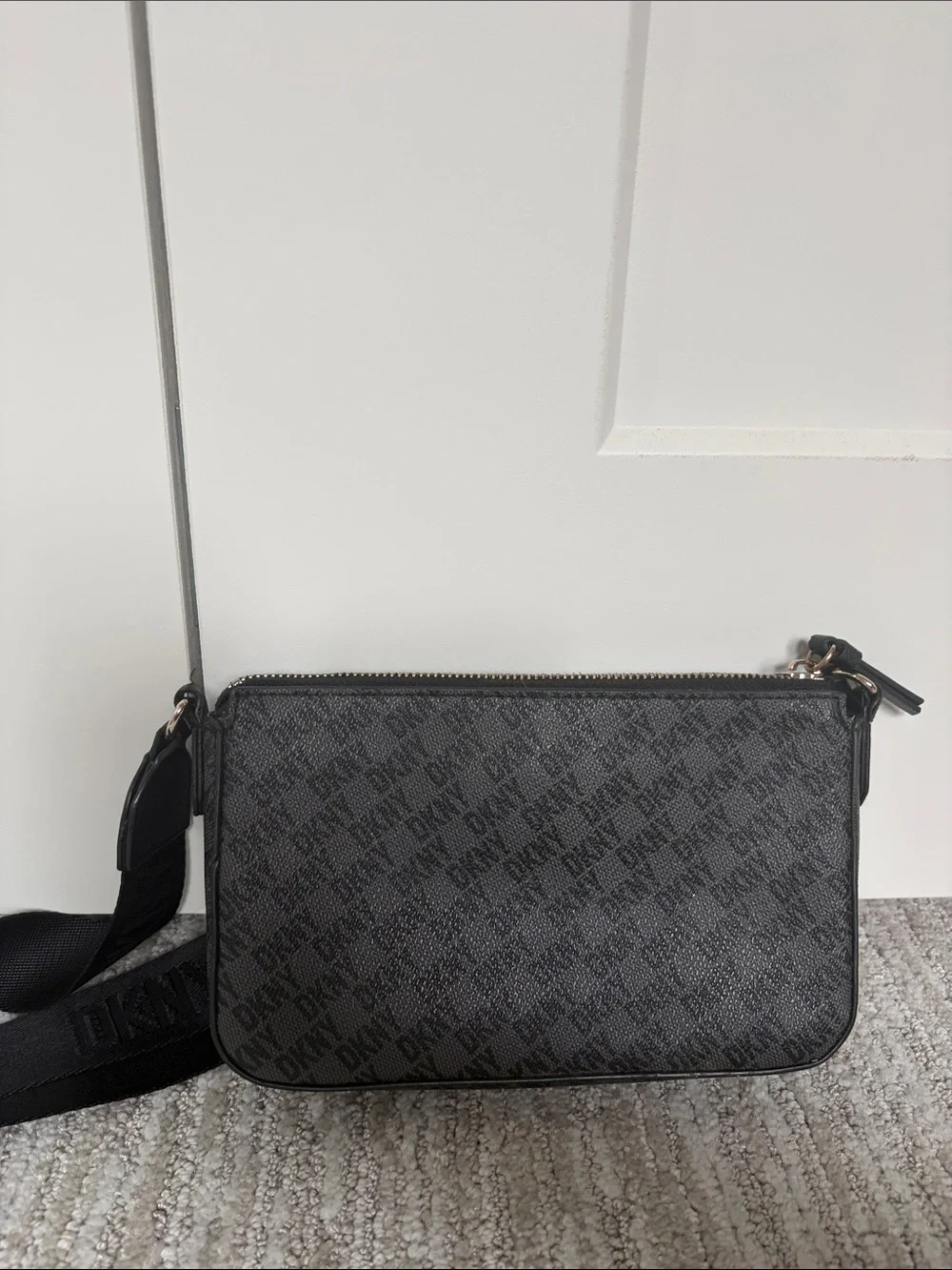 DKNY Black Monogram Messenger Bag with Branded Strap